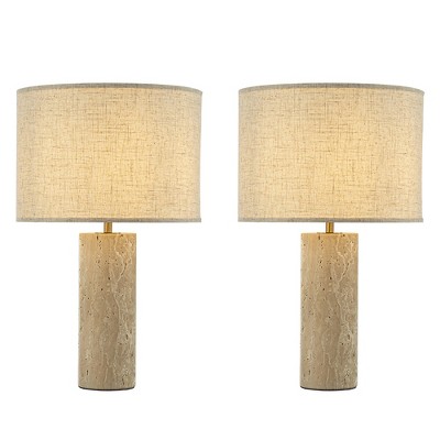 ALOADECOR 1-Light 22'' Modern Coastal Natural Cylinder Travetine Table Lamp With Beige Linen Shade For Bedroom and Living Room(2 Pack)
