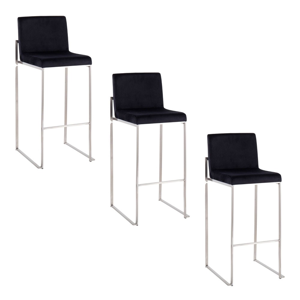 LumiSource Set of 3 Fuji High Back Barstools Stainless Steel/Black Velvet