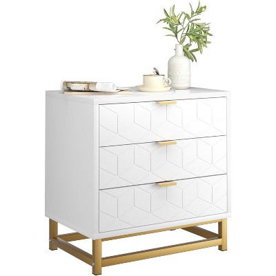 White 3-Drawer Dresser for Bedroom, Modern Wood Chest with Golden Metal Legs, Storage Organizer for Clothes, Entryway or Hallway