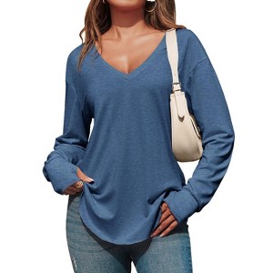 Imily Bela Womens Deep V Neck Tunic Tops Long Sleeve Oversized Casual Loose Fit Curved Hem T Shirts - 1 of 4