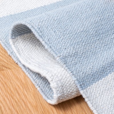 Ivory and Sky Blue Striped Cotton Flat Woven Rug