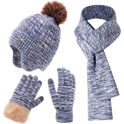 ZUPPAD Winter Hat Scarf Gloves Set for Women, Classic Cable Beanie with Removable Pom Pom Long Scarf Touchscreen Gloves 3 in 1 Set