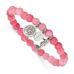 Chisel Stainless Steel Seahorse and Tree of Life Dangles 6mm Pink Jade Beaded 6.25" Stretch Bracelet - 1 of 4