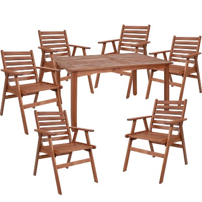 Sunnydaze Outdoor Meranti Wood with Teak Oil Finish Rectangular Dining Table with Chairs - Brown - 7pc