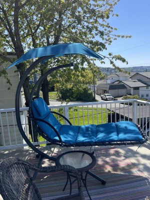 Best Choice Products Hanging Curved Chaise Lounge Chair Swing for Backyard, Patio w/ Pillow, Shade, Stand - Peacock Blue