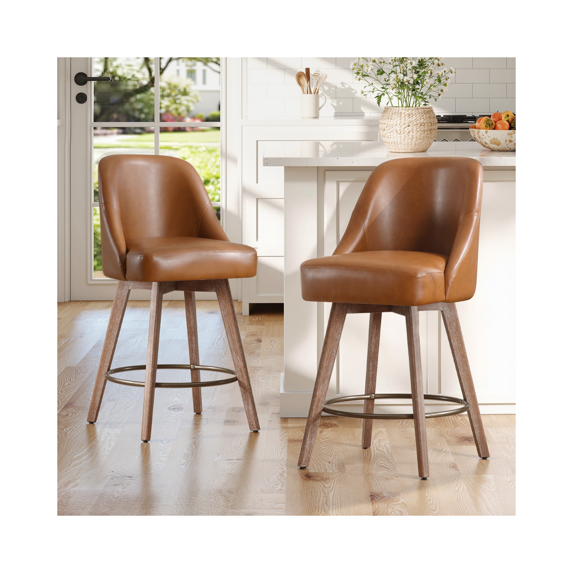 Bekrvio 26" Swivel Counter Height Bar Stools Set of 2,Upholstered PU Leather Bar Chairs with Back & Wood Legs,Mid-Century Kitchen Island Stools,Brown
