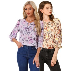 INSPIRE CHIC Women's Floral Bow Tie Neck Vintage 3/4 Sleeve Blouse 2 Packs - 1 of 4