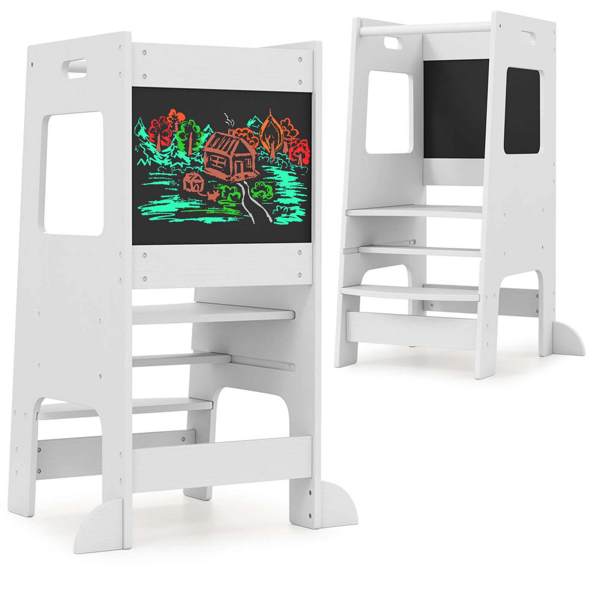 Costway Toddler Kitchen Step Stool with Activity Chalkboard Adjustable Height & Safety Rail White