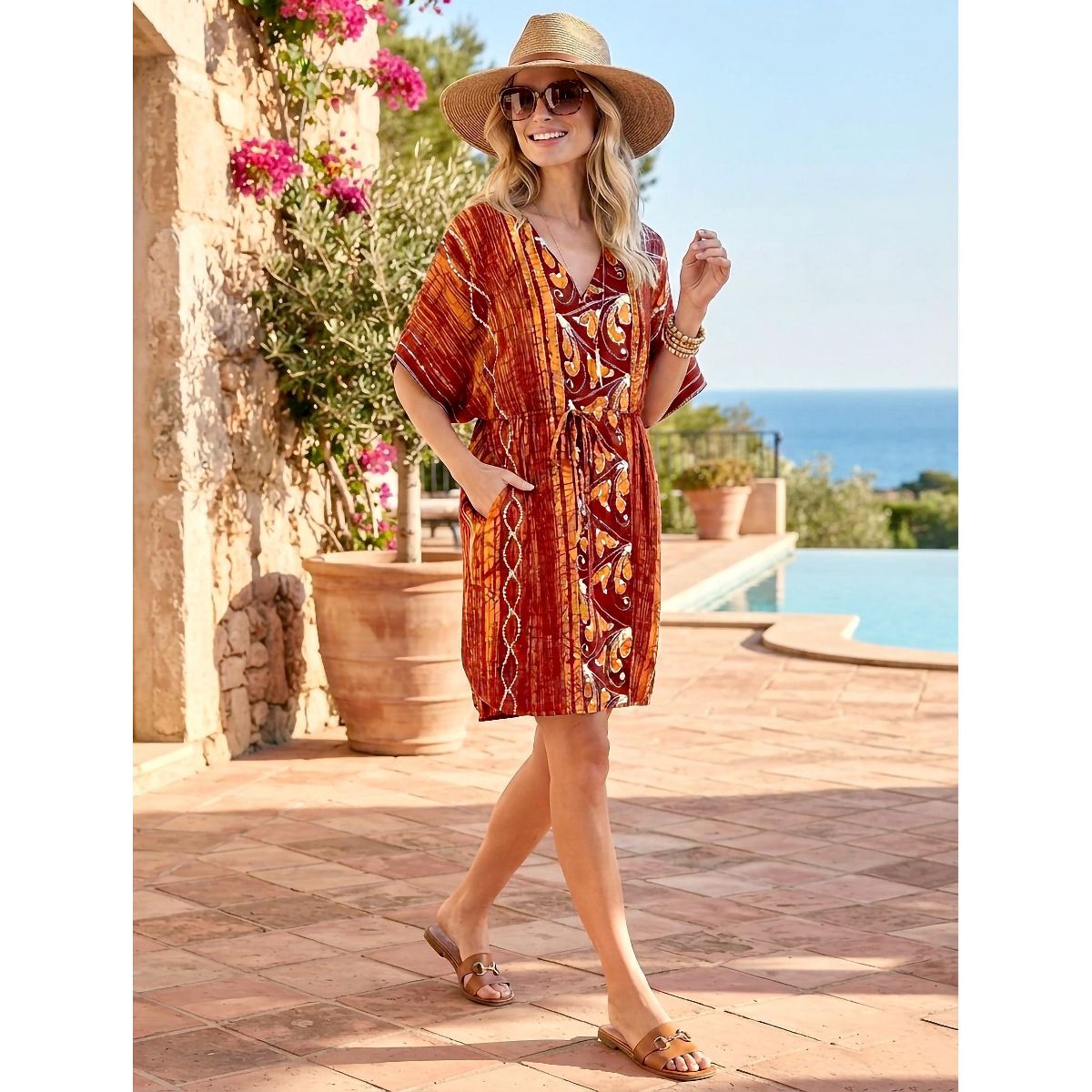LA LEELA Summer Cotton Beach Caftan Dress for Women Resortwear Vacation Cruise Holiday Lounge Wear Travel Essential 2X-3X Orange Paisley - thumbnail 5