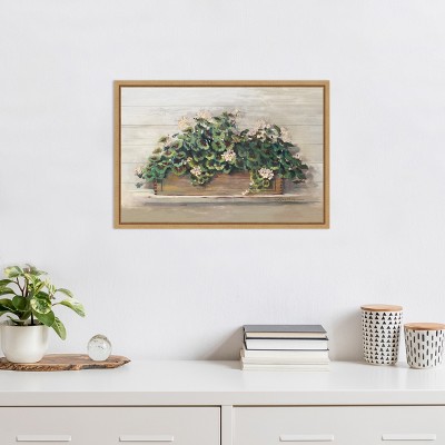 Market Geraniums Pink Blossoms Canvas Wall Art in Maple Frame