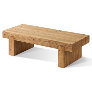 Vynxaria Farmhouse Rustic Coffee Table 47.6" Rectangular Solid Wood, Low Profile, Thick Block Legs, 3.8" Double Base, for Living Room/Home Office - 1 of 4