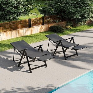Patio Folding Chairs Set of 2, Outdoor Dining Chairs with Armrests, Portable Chaise Lounge Chair with Footrest, Adjustable Reclining Chair, Black - 1 of 4
