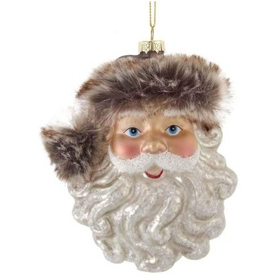 Kurt Adler Glass Ornament for Christmas Tree, Santa Head with Brown Faux Fur