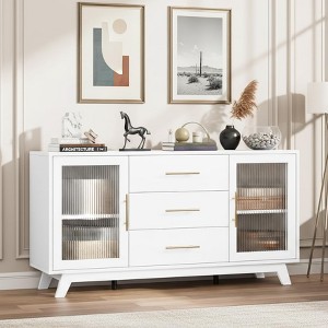 Coucheta 56" Sideboard Buffet Cabinet with Fluted Glass Doors, 3 Drawers & Adjustable Shelves, Coffee Bar Cabinet for Kitchen, Dining & Living Room - 1 of 4