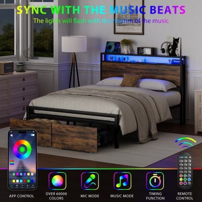 Full Size Dark Brown Wood and Metal Platform Bed with Storage Drawers and LED Light