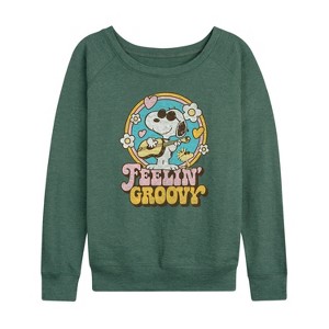 Women's - Peanuts - Feelin Groovy Snoopy And Woodstock Lightweight French Terry Wide Neck Long Sleeve Shirt - 1 of 4