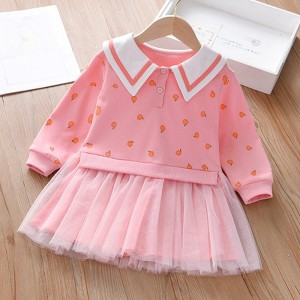 MyKids-Usa Baby Girl Fruit Pattern College Style Lapel Design Mesh Patchwork Dress - 1 of 4