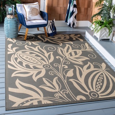 Grey and Natural Floral Motif Synthetic Outdoor Area Rug