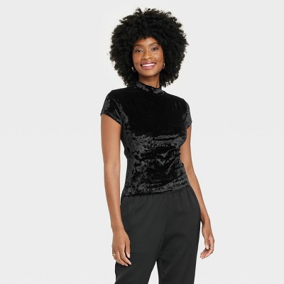 Women's Short Sleeve Slim Fit Mock Turtleneck Velvet T-Shirt - A New Day™