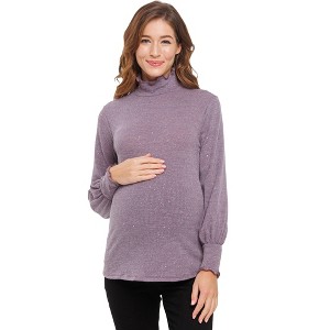 Hello Miz Women's Mock Neck Long Sleeve Shimmer Maternity Top - 1 of 4