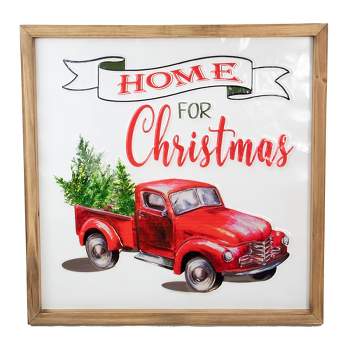 Northlight 16" Red Vintage Truck With a Forest Tree "Home For Christmas" Metal With a Wooden Frame Wall Decor