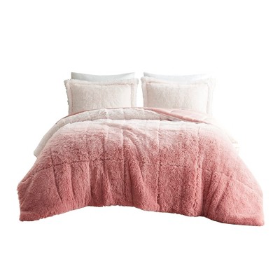 Intelligent Design Brielle Ombre Shaggy Faux Fur Comforter Set, Plush Reverse, All Season Bedding with Matching Sham, Blush,Twin/Twin XL