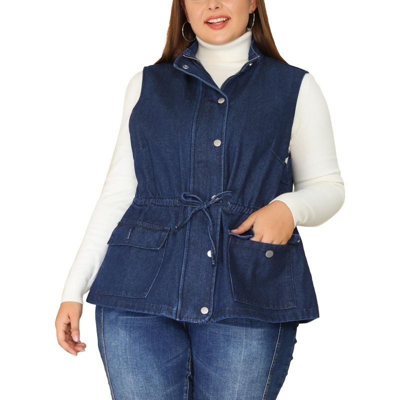 Agnes Orinda Women's Plus Size Utility Anorak Cargo Drawstring Jean Denim Jacket Vest, 1 of 6