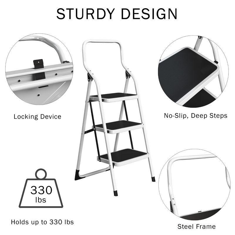 3-Step Stool - Folding Ladder with Handrails, Attachable Tool Bag, Nonslip Feet, Steel Frame, and 330lbs Weight Capacity by Stalwart (White), 3 of 7