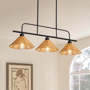 Ludomide 3-Lights Black Rattan Caged Linear Chandelier for Kitchen Island with No Bulbs Included - 1 of 4