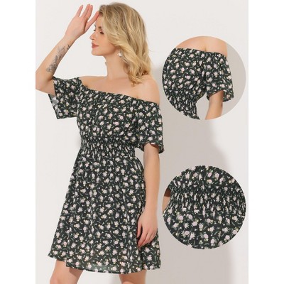 Женские платья INSPIRE CHIC Women's Floral Print Off Shoulder A-Line Smocked Dress Black Small — фото 2