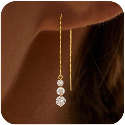 14K Gold CZ Dangle Earrings for Women – Trendy Dainty Threader Chain Drop Jewelry Gift