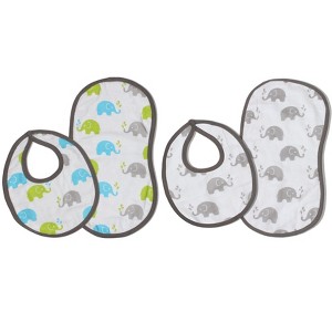 Bacati - Elephants Aqua/Lime/Gray Muslin 4 pc set of Bibs & Burp Cloths Set - 1 of 4