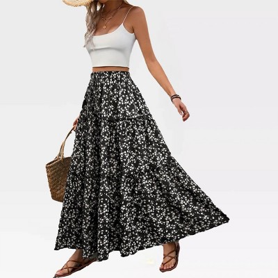 Womens High Waist Maxi Skirts Floral Tiered Skirts with Back Drawstring A-Line Flowy Ruffle Swing Tiered Long Beach Skirt Dress