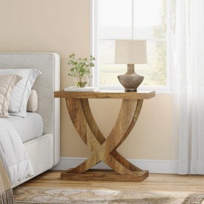 Syemin End Tables Farmhouse End Table with Cross Fishtail Support, Narrow Wood Side Table for Living Room or Bedroom, Brown, 23.62"*11.81"*23.62"