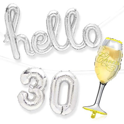 Sparkle and Bash 30th Birthday Party Decorations with "Hello 30" & Champagne Glass Foil Balloons, Silver