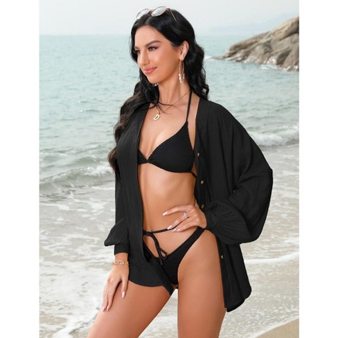 Women s Swimsuit Cover Up Shirts Summer Long Sleeve Button Down Bikini Beachwear Beach Bathing Suit Shirt