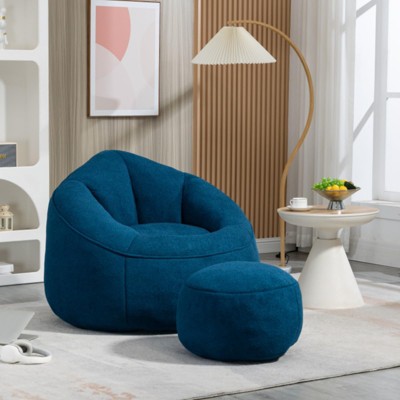 GustoWave Bean Bag Sofa, Deluxe Upholstered Bean Bag Couch with Petal Back Padded, Memory Foam Stuffed Bean Bag Couch with Footstool , Blue