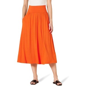 Women's Pull-On Jersey Midi Skirt - Stretchy Knit A-Line Skirt Orange - 1 of 4