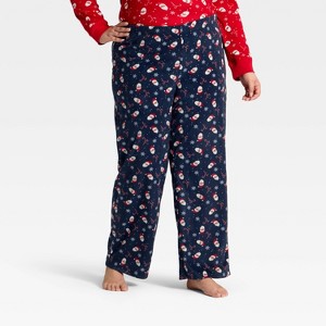 Women's Santa Print Microfleece Holiday Matching Family Pajama Pants - Wondershop™ Navy Blue - 1 of 4