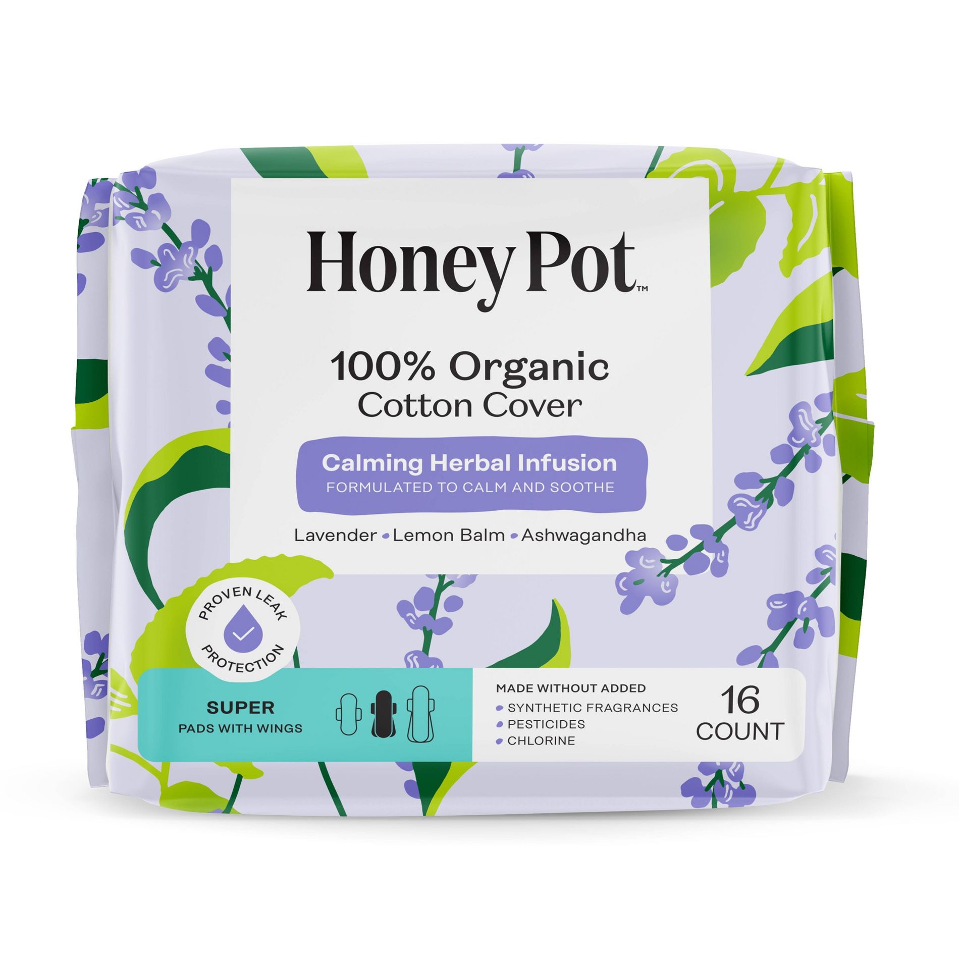 Honey Pot 100% Organic Cotton Cover Calming Herbal Infusion Super Pads - 16 ct