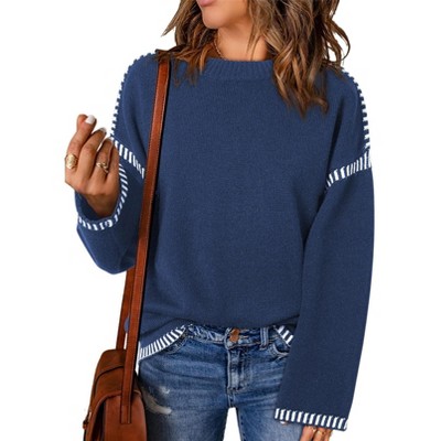 Women's Oversized Sweaters 2025 Crew Neck Long Sleeve Color Block Knit Casual Chunky Warm Fall Winter Pullover Top Outfits