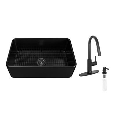 33-inch Fireclay Farmhouse Apron Kitchen Sink with Spring Faucet All-in-one Kit