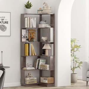 Okak 6 Tier Freestanding L-Shaped Bookshelf Corner Organizer,Wooden Display Bookcase with Anti-Tip Device for Home Office,Study - 1 of 4
