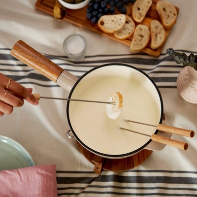 Beige Enamel Cast Iron Fondue Pot with Wood Stand