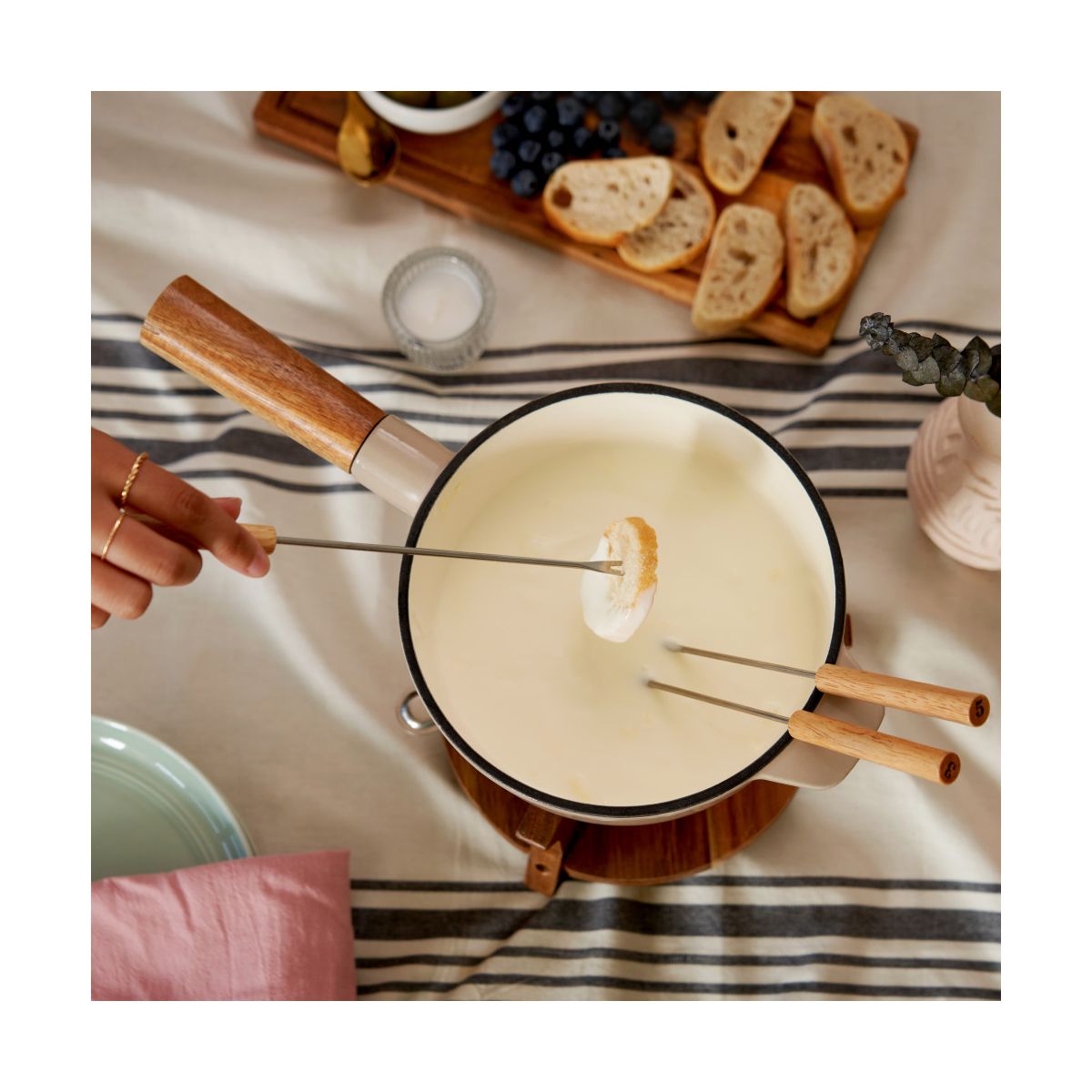 Twine Cast Iron Fondue Set with Wood Stand and Forks, Chocolate Melting Pot, Cheese Fondue Kit Set, Housewarming Gifts, Wedding Gifts, 8.5", Beige - thumbnail 6