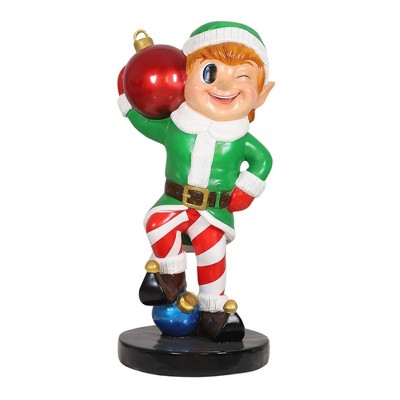 Garden Elements Fiberglass Christmas Figurine Statue Yard Decor, Elf Holding Red Ornament Ball, 37"