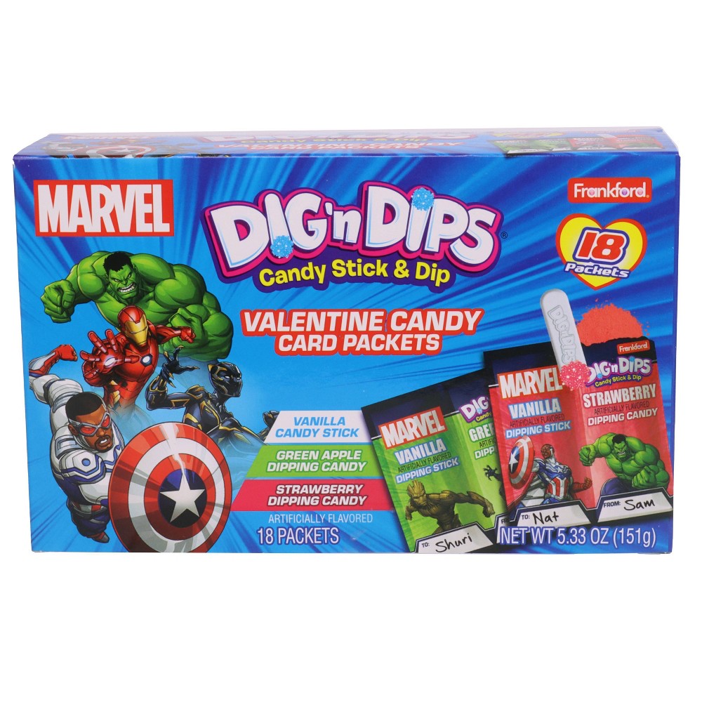 marvel dig n dips candy stick & dip valentine candy card packets - 5.33oz/18ct
