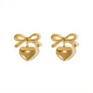 Anna-Kaci Women’s Bow Stud Earrings with Metallic Heart Dangle Charm and Polished Modern Cute Design - 1 of 4