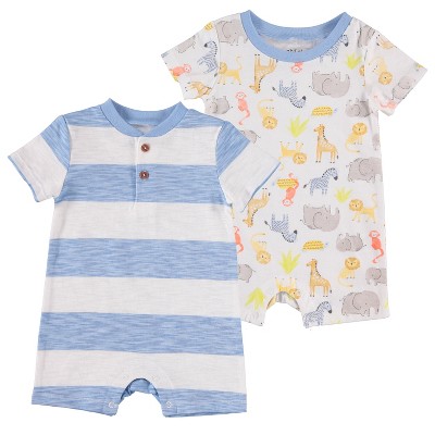 Image of Chick Pea Baby Boy Baby Short Sleeve Romper 2 PC Set Zoo Animal Jungle Blue Newborn Clothing Size 3-6M