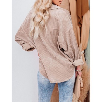 Womens Corduroy Shirt Long Sleeve Oversized Button Up V Neck Blouses Tops Loose Shacket Jacket